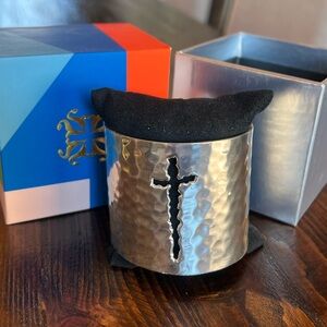 Rustic Cuff Silver Hammered Cuff Bracelet with Cross Design